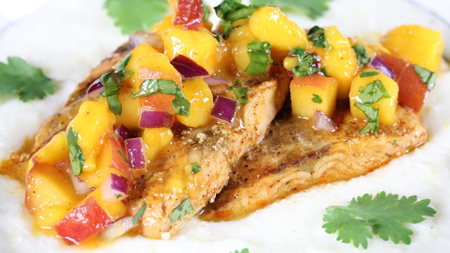 Chili Lime Salmon with Mango Peach Salsa and Grits