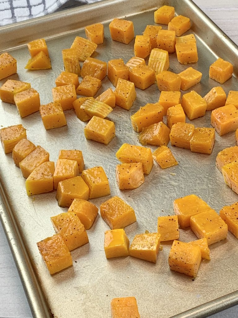 diced butternut on baking tray