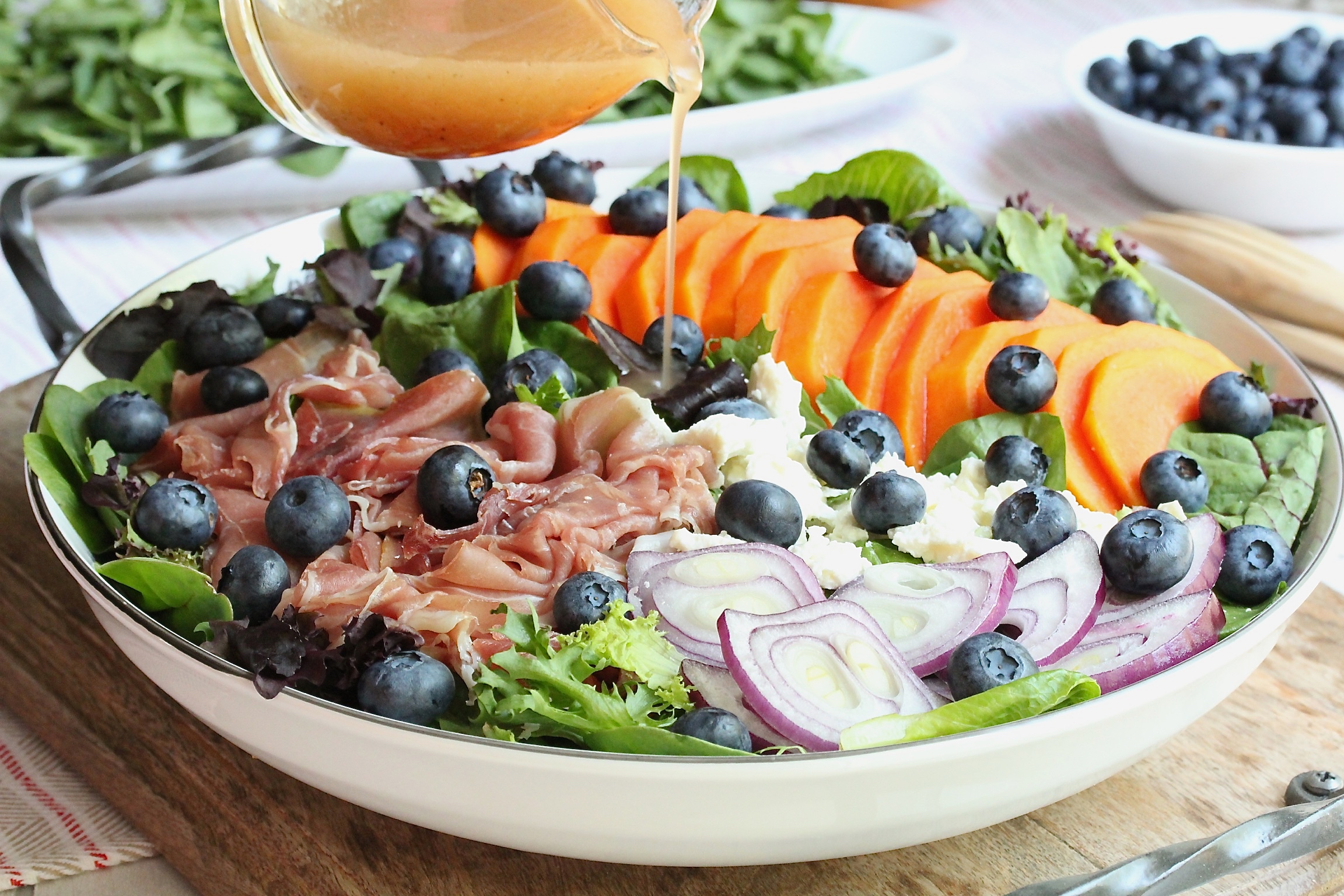 Papaya Prosciutto and Blueberry Salad with Maple Syrup Vinaigrette