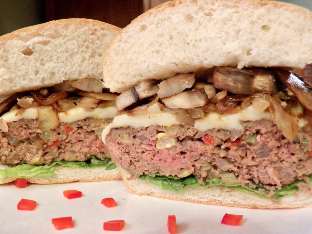 Beef and Veggie Burger with Caramelized Onions and Mushrooms