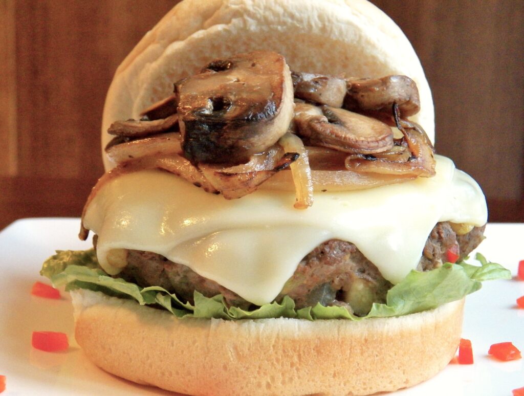 Beef and Veggie Burger with Caramelized Onions and Mushrooms