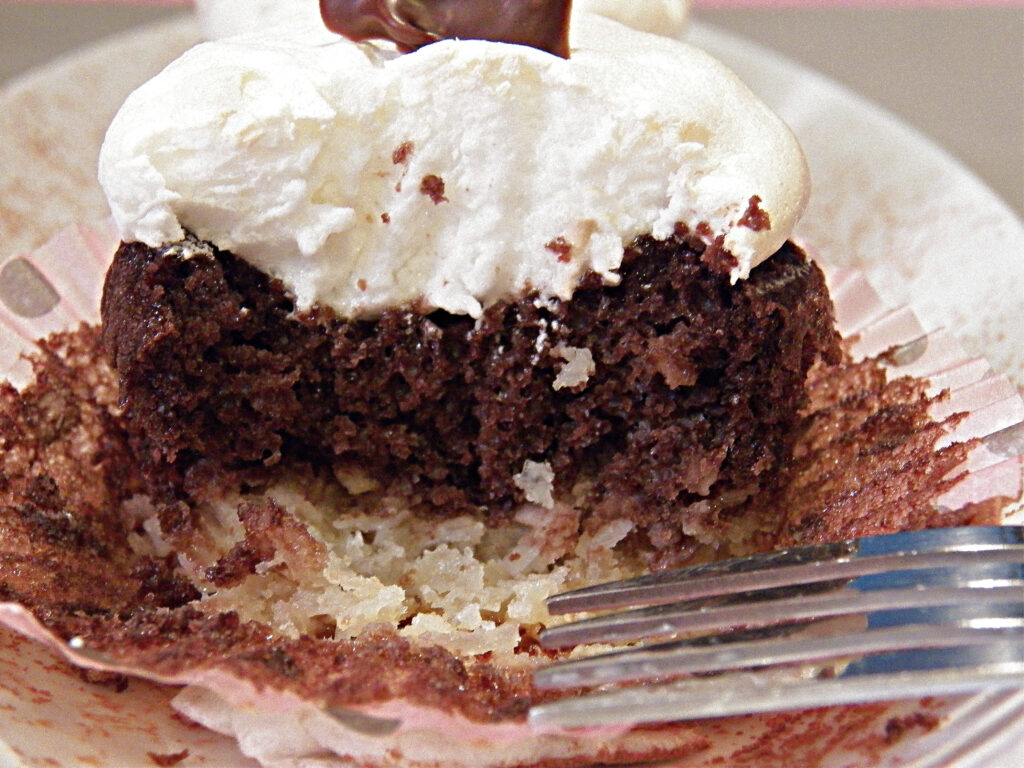 Macaroon Filled Chocolate Cupcake with a Meringue Top