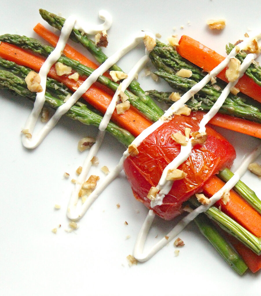 Roasted Asparagus Carrot Bundles with Walnuts and Goat Cheese Drizzle