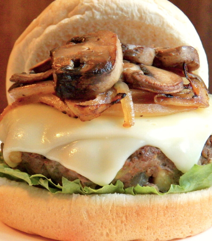 Beef and Veggie Burger with Caramelized Onions and Mushrooms