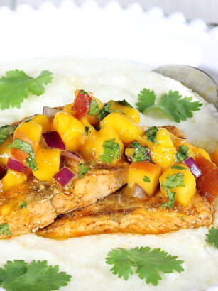 Chili Lime Salmon with Mango Peach Salsa and Grits