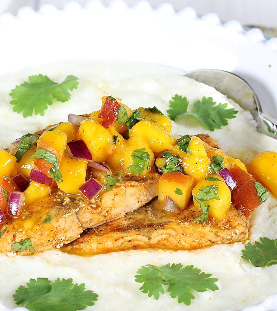 Chili Lime Salmon with Mango Peach Salsa and Grits