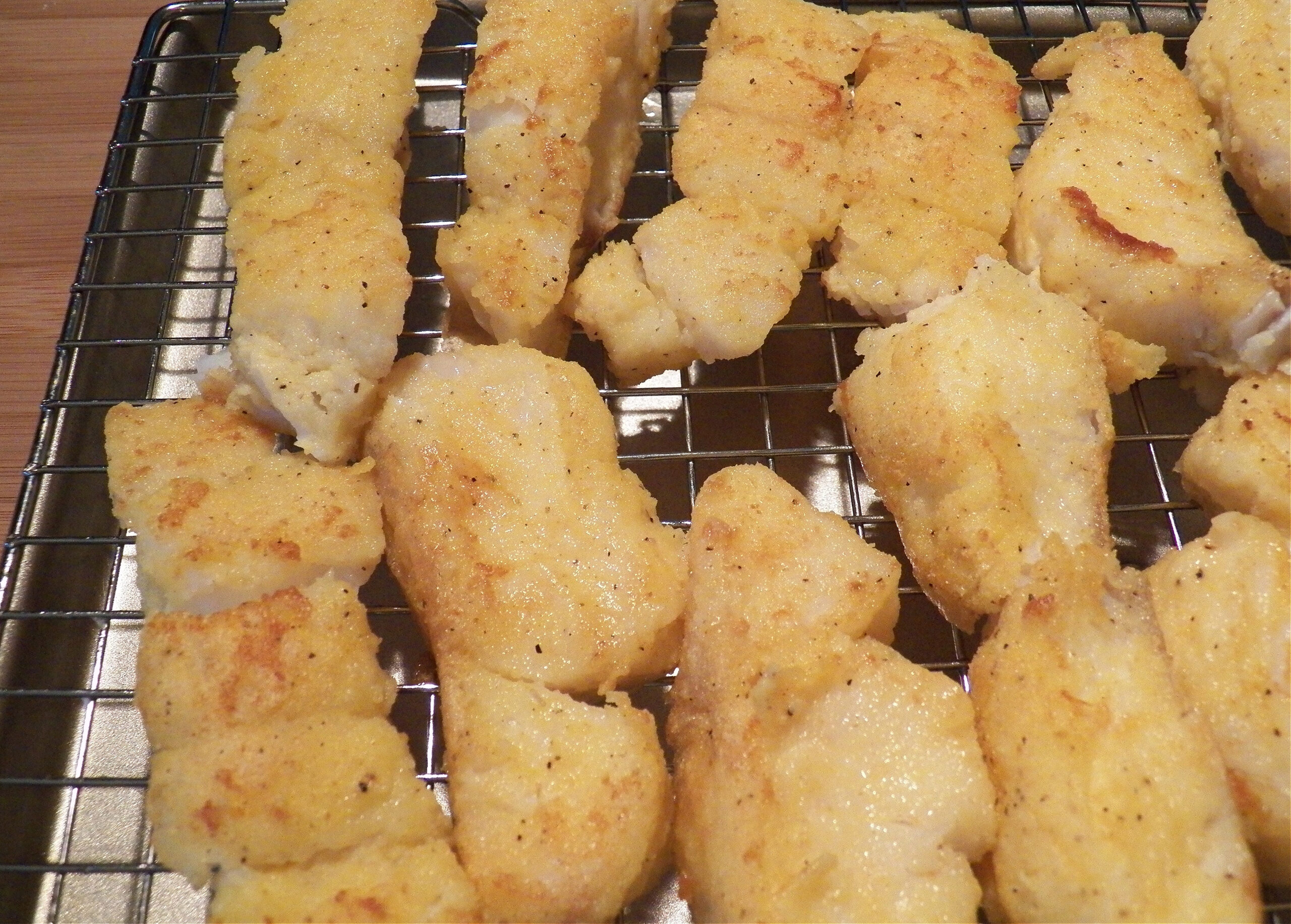 breaded and cooked fish strips