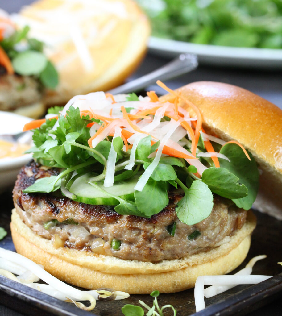 Pork Bánh Mì Burger with Honey Sriracha Mayo