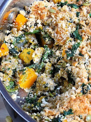 Skillet Sausage Butternut and Spinach With Crumb Topping