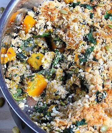 Skillet Sausage Butternut and Spinach With Crumb Topping