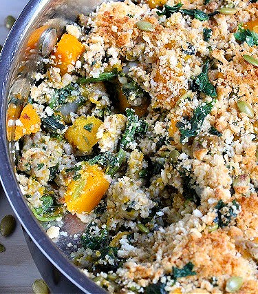 Skillet Sausage Butternut and Spinach With Crumb Topping