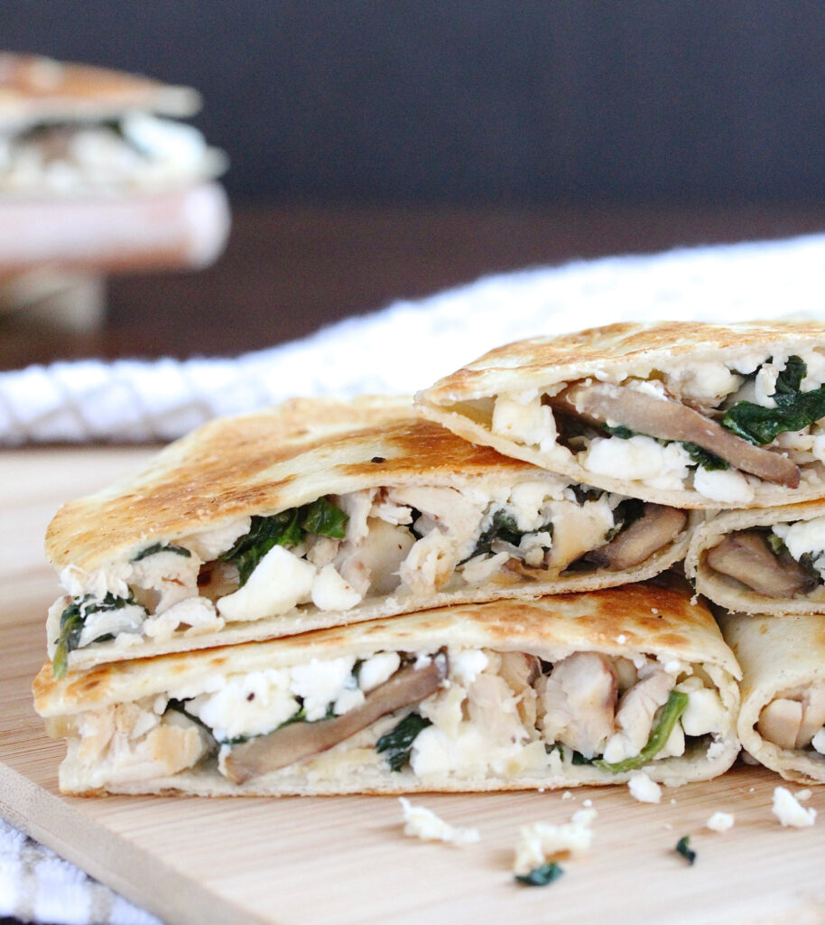 Chicken Mushroom Spinach Quesadillas with Feta 