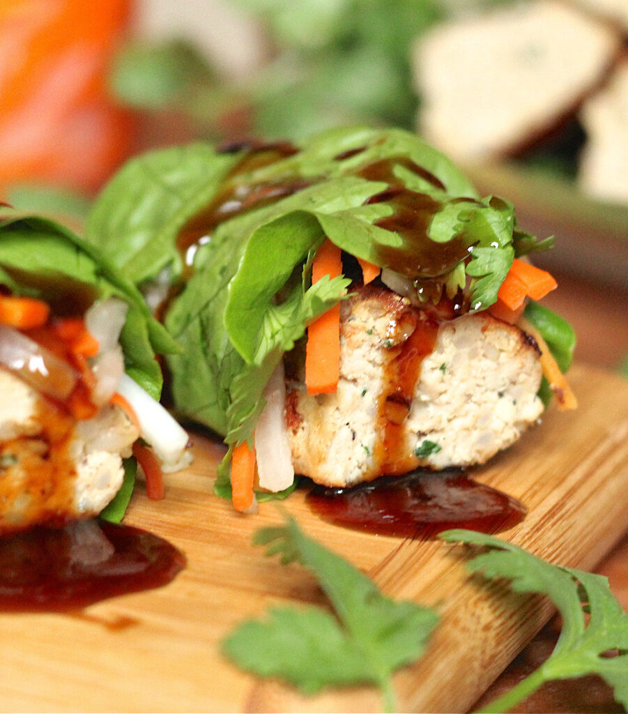 Lettuce Wrapped Chicken Sausage with Soy-Oyster Dipping Sauce