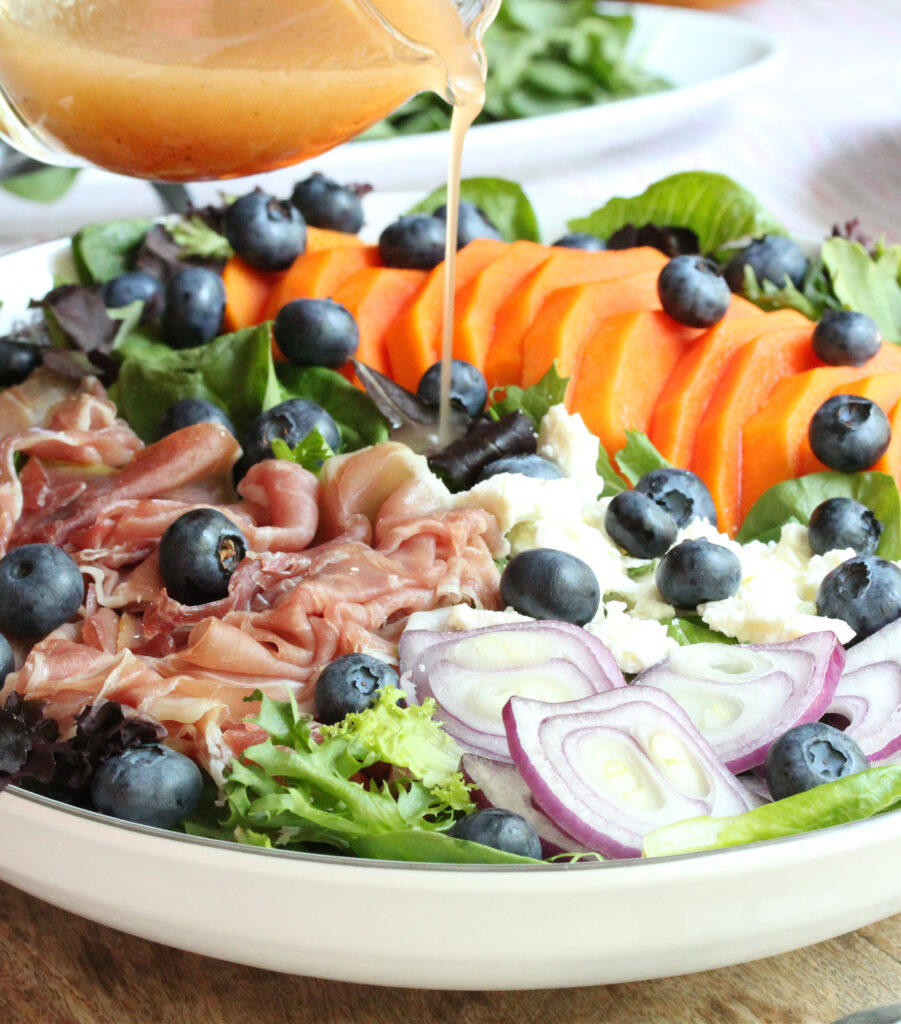 Papaya Prosciutto and Blueberry Salad with Maple Syrup Vinaigrette