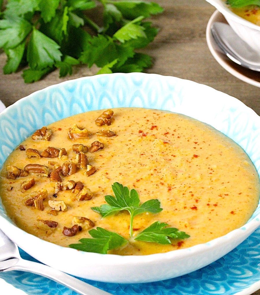 Ginger Cinnamon Sweet Potato Bisque with Smoked Paprika Pecans