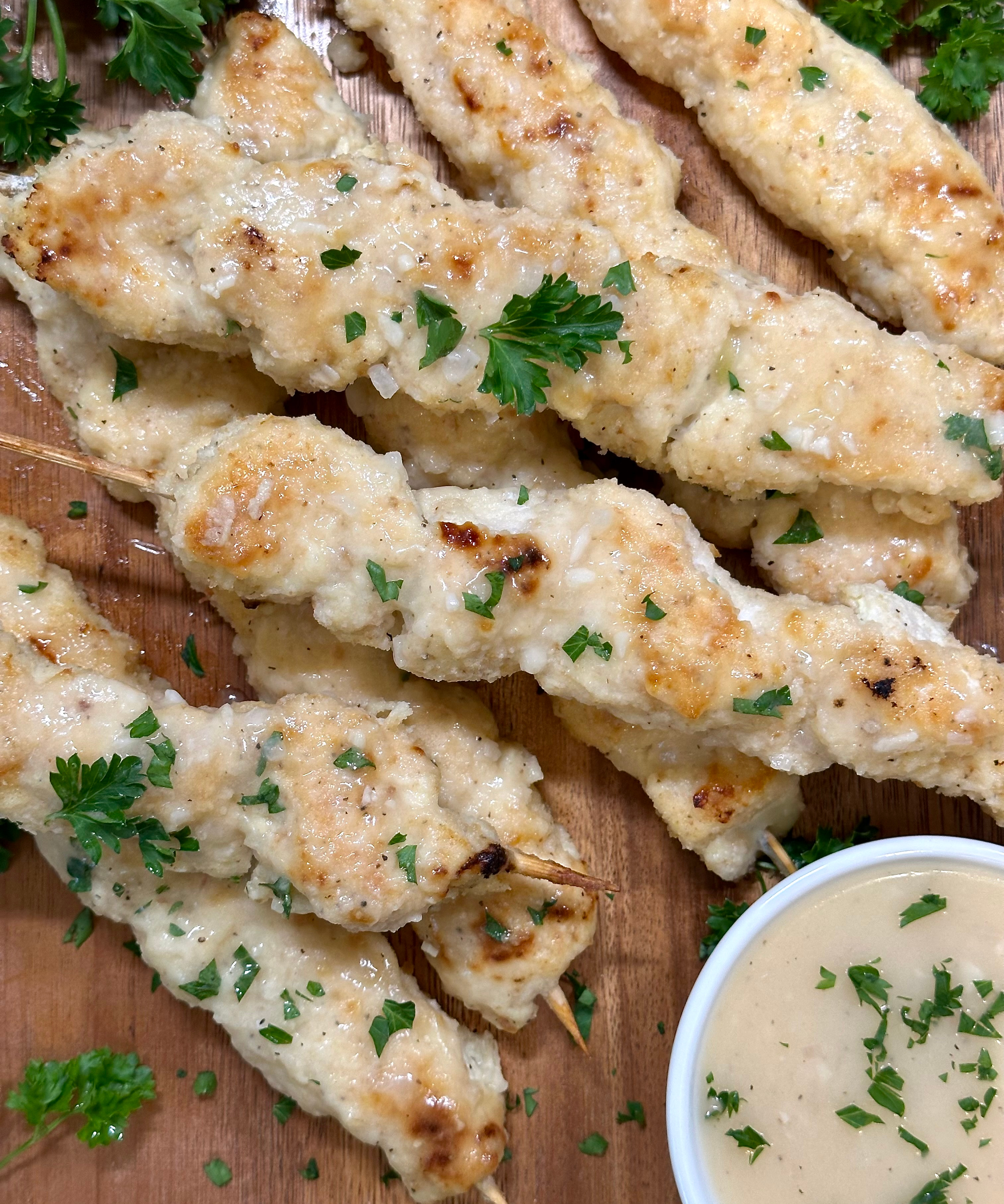 Breaded Chicken Skewers with Lemon Butter Sauce