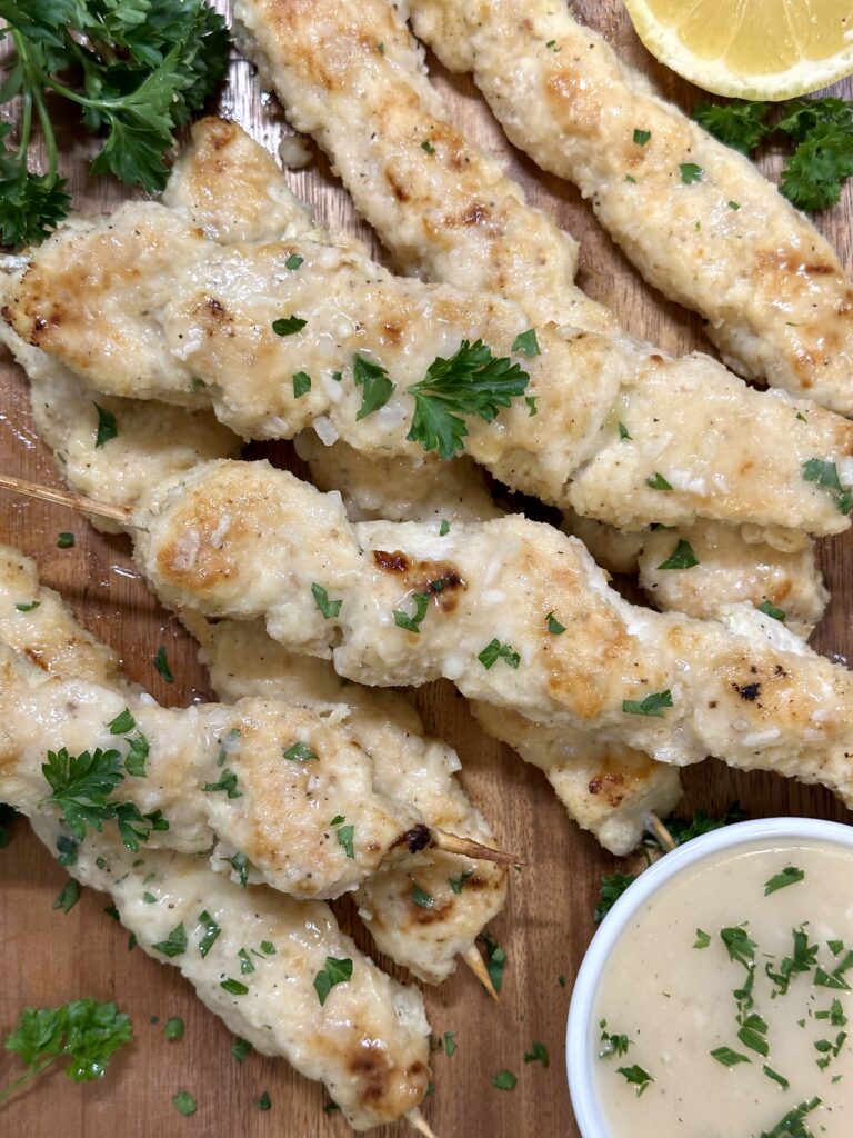 Breaded Chicken Skewers with Lemon Butter Sauce