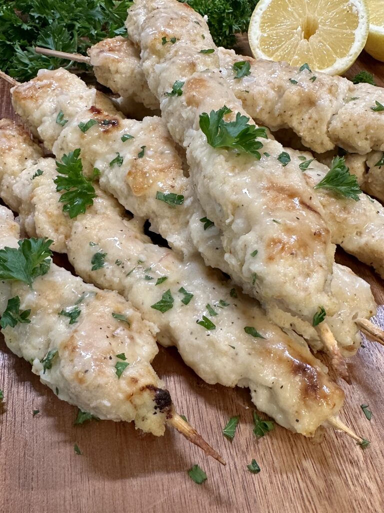 Breaded Chicken Skewers with Lemon Butter Sauce