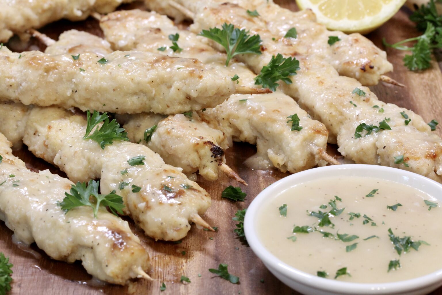 Breaded Chicken Skewers with Lemon Butter Sauce