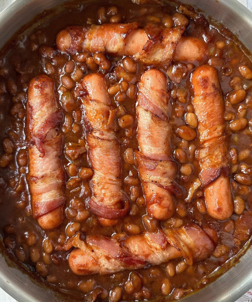 Bacon-Wrapped Franks and Beans