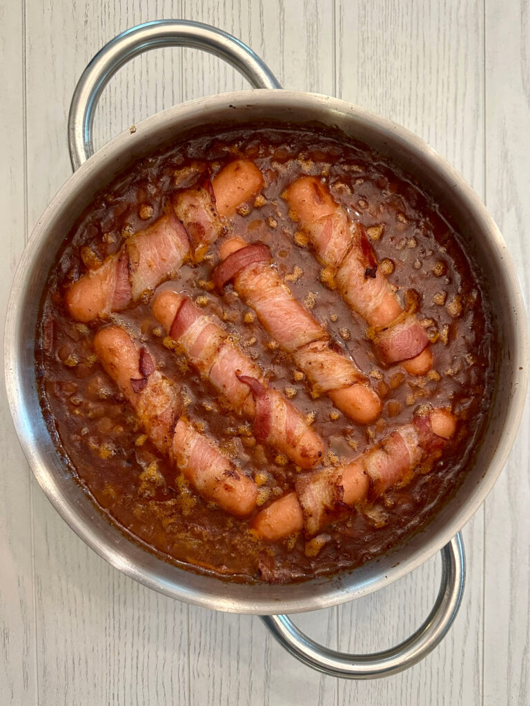Bacon Wrapped Franks and Beans