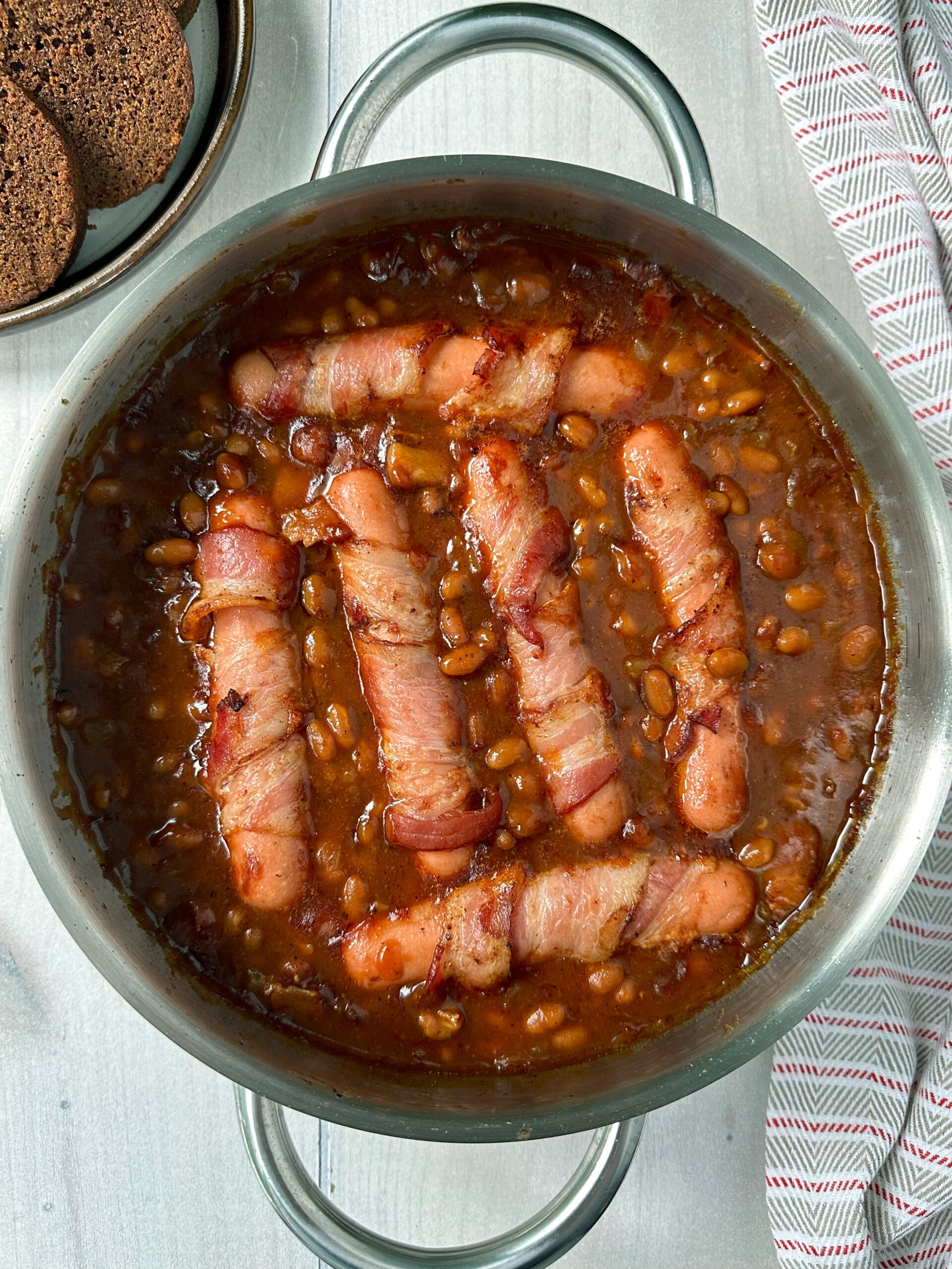 Bacon Wrapped Franks and Beans