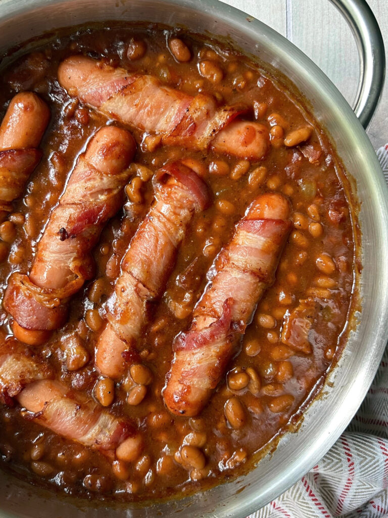 Bacon Wrapped Franks and Beans