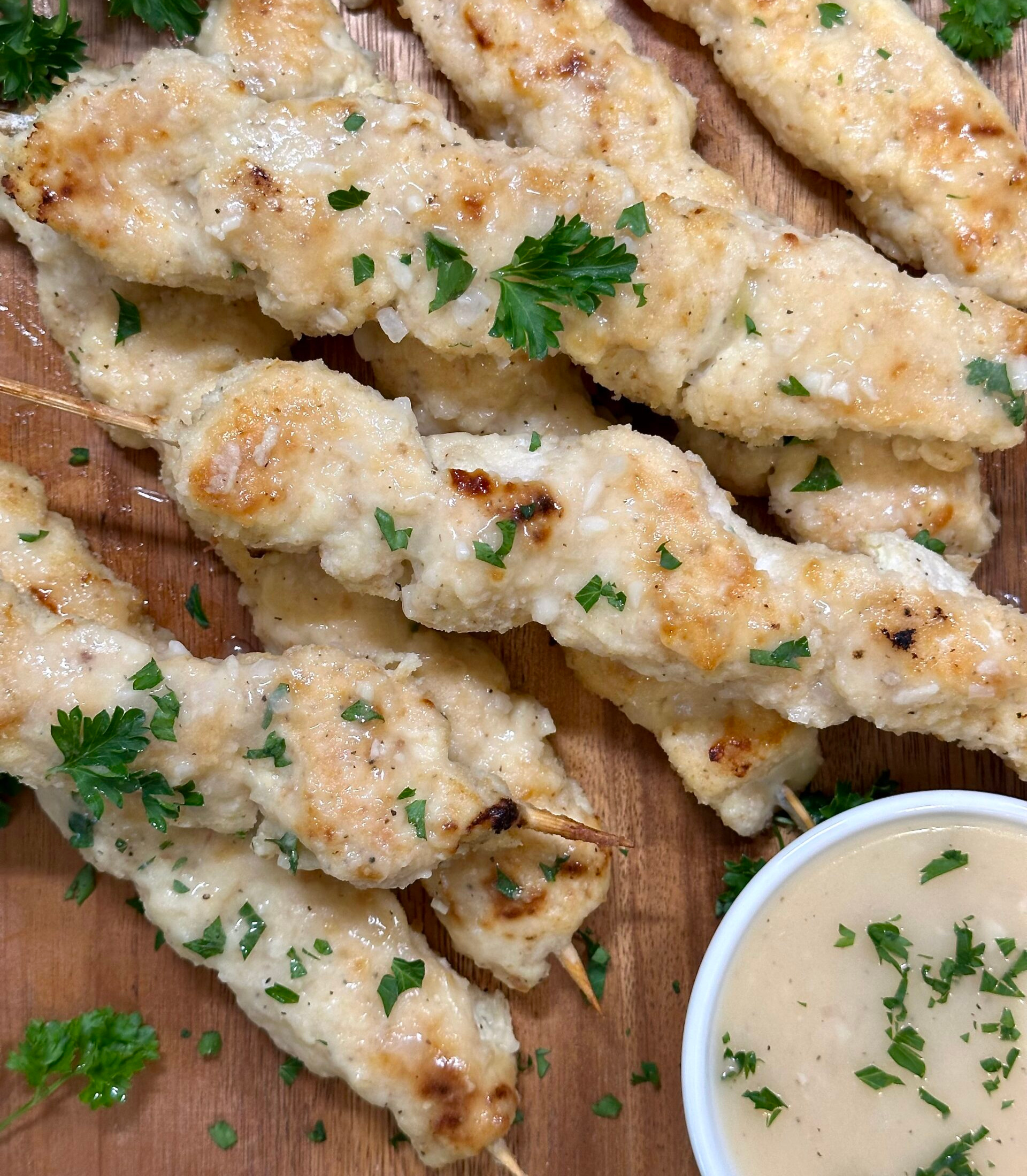 Breaded Chicken Skewers with Lemon Butter Sauce